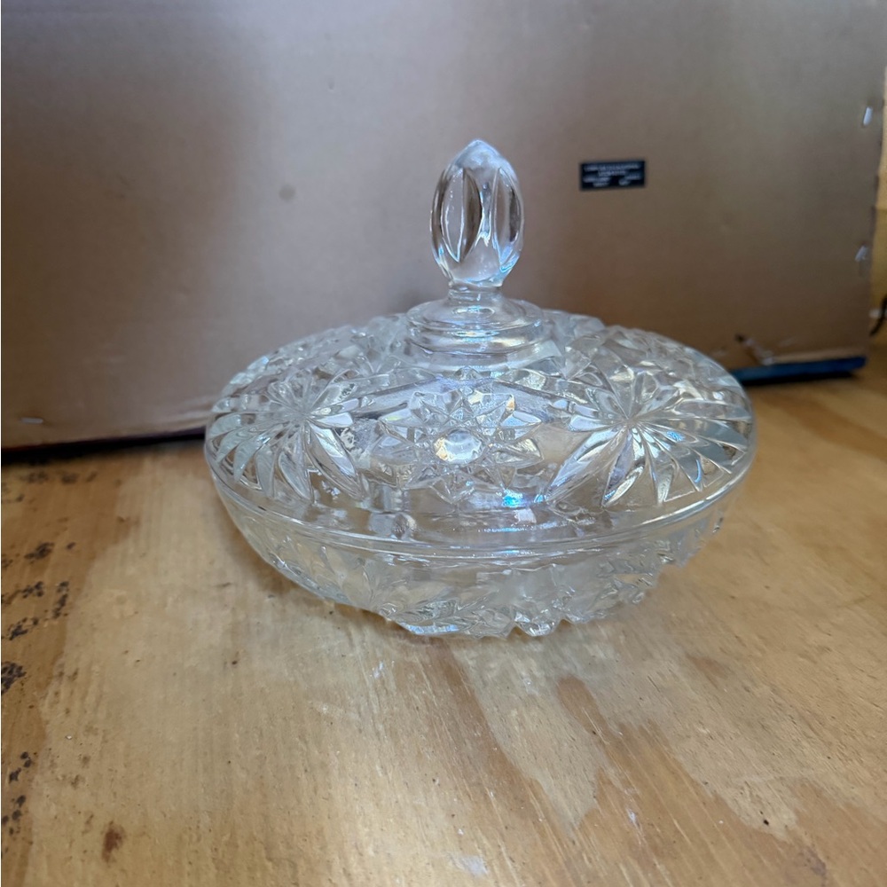 Pressed Glass Covered Candy Dish - Clear Cut Pattern